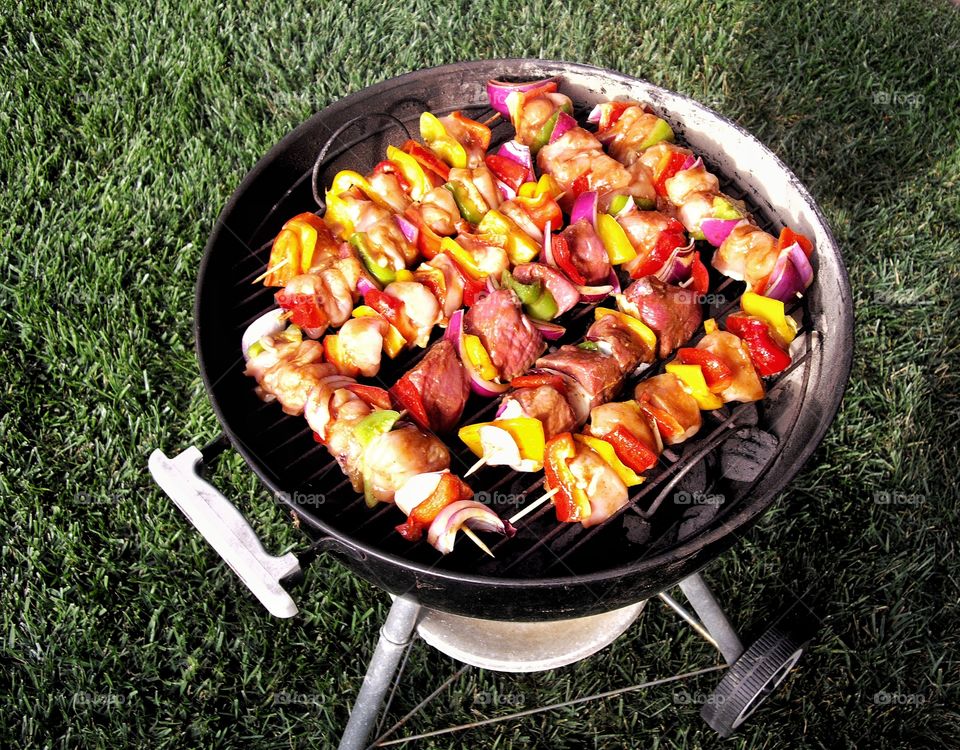 Colorful Beef And Vegetable Skewers On The BBQ
