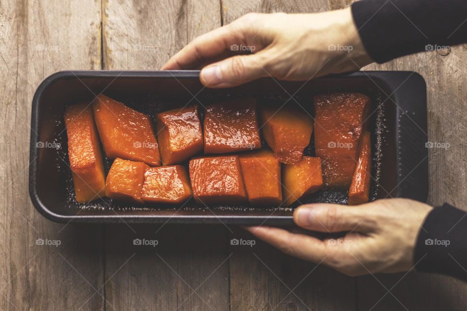 Top view and selective focus to baked pumpkin.