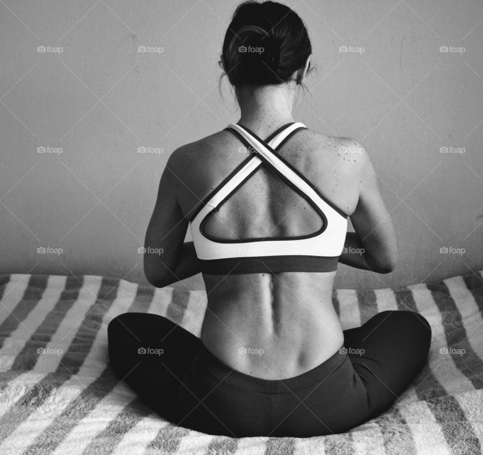 girl morning time yoga meditation home black and white background