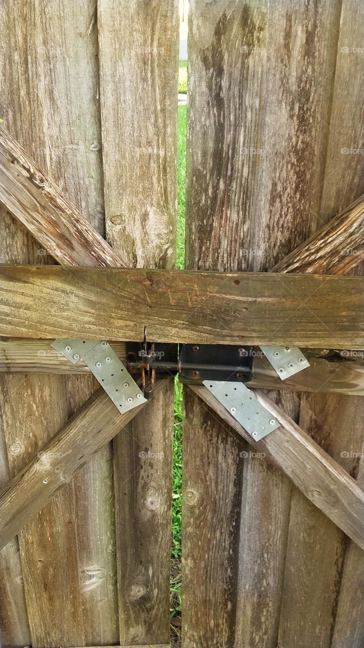 A close up macro shot of a wooden door in a fence at a house I was pet sitting at.