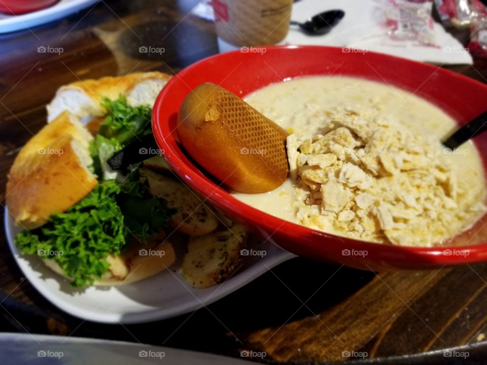 soup and bagel with bread