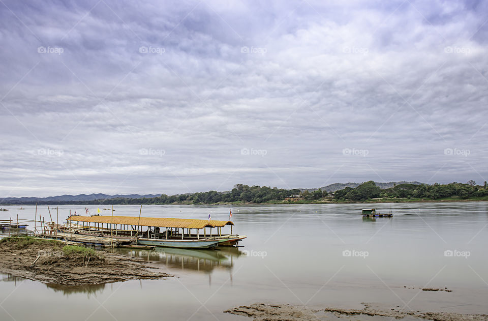 The Cruise ship and Floating Fishing on the Mekong River at Loei in Thailand.