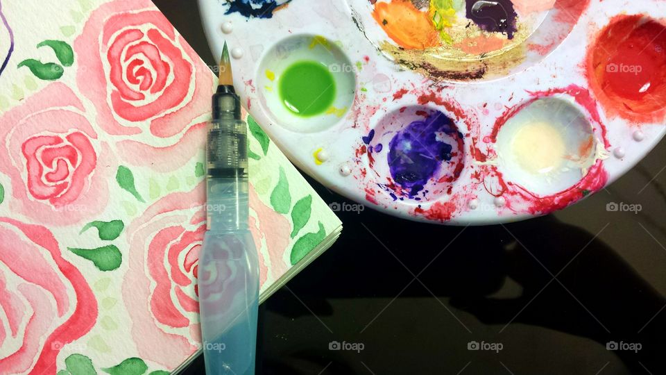 Watercolor painting using brush pen, roses, flower, floral border, paint
