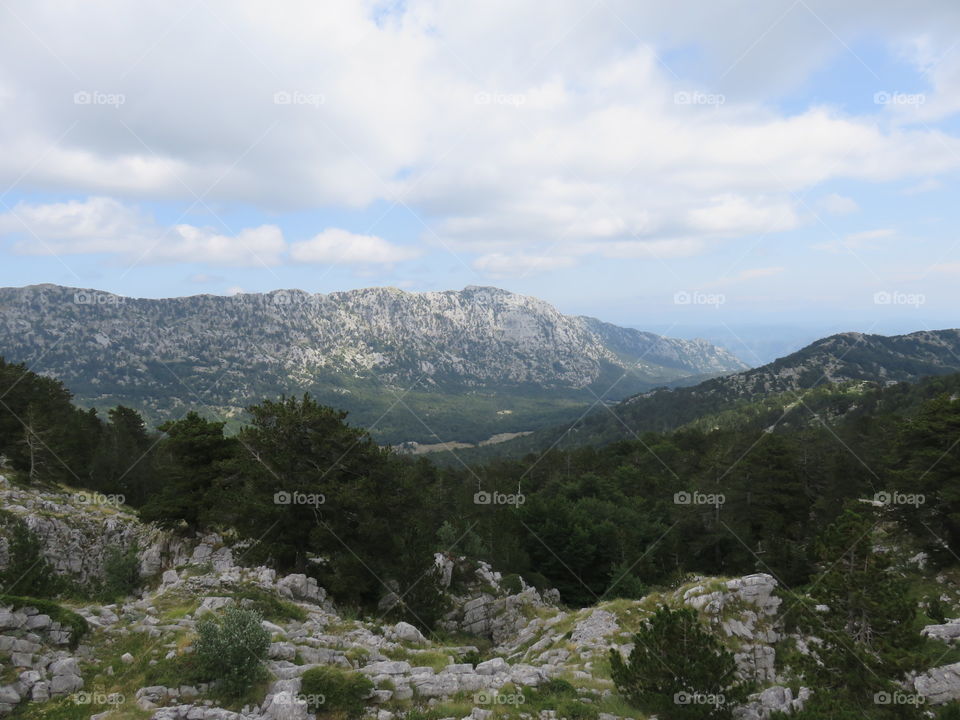 Mountain Orjen Montenegro valley with green vegetation rounded by rocky mountain range