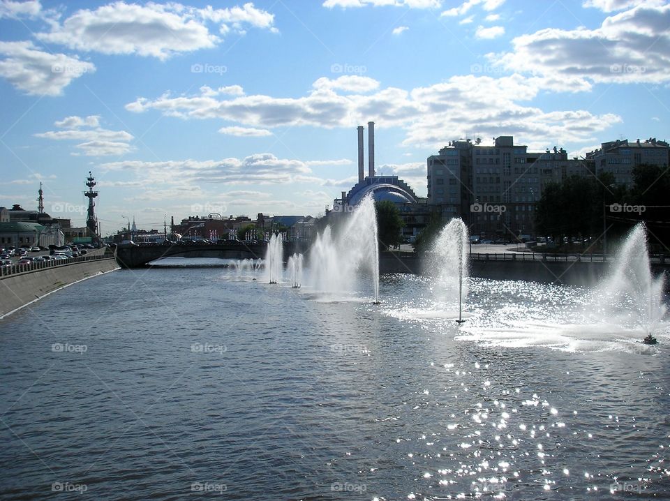 Fountains on river Moscow in Moscow