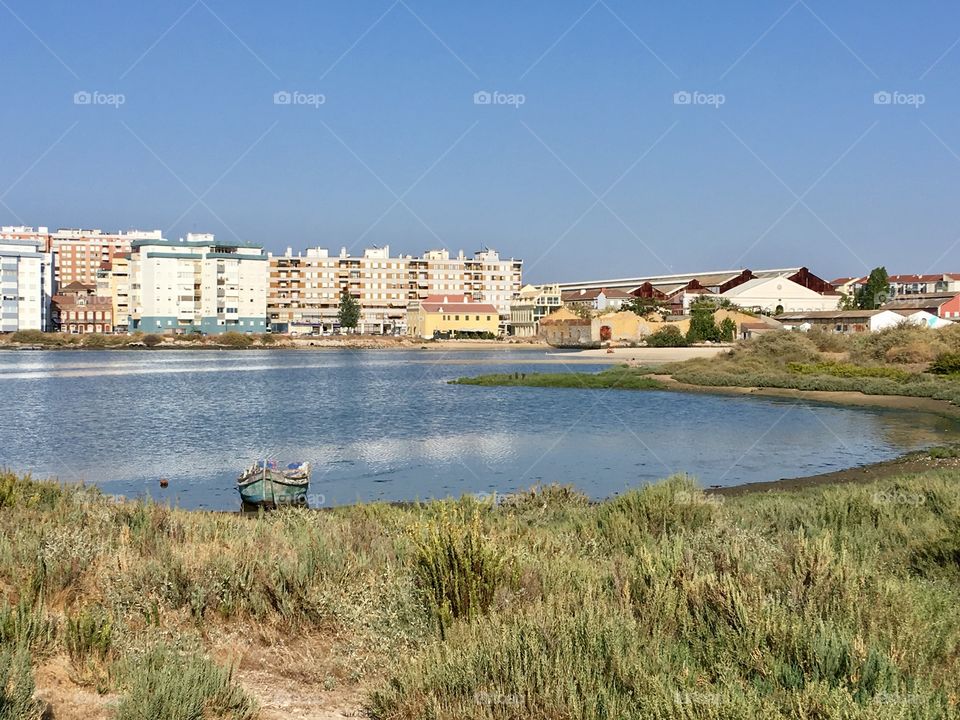 Big city and countryside, blue lake, nature and buildings