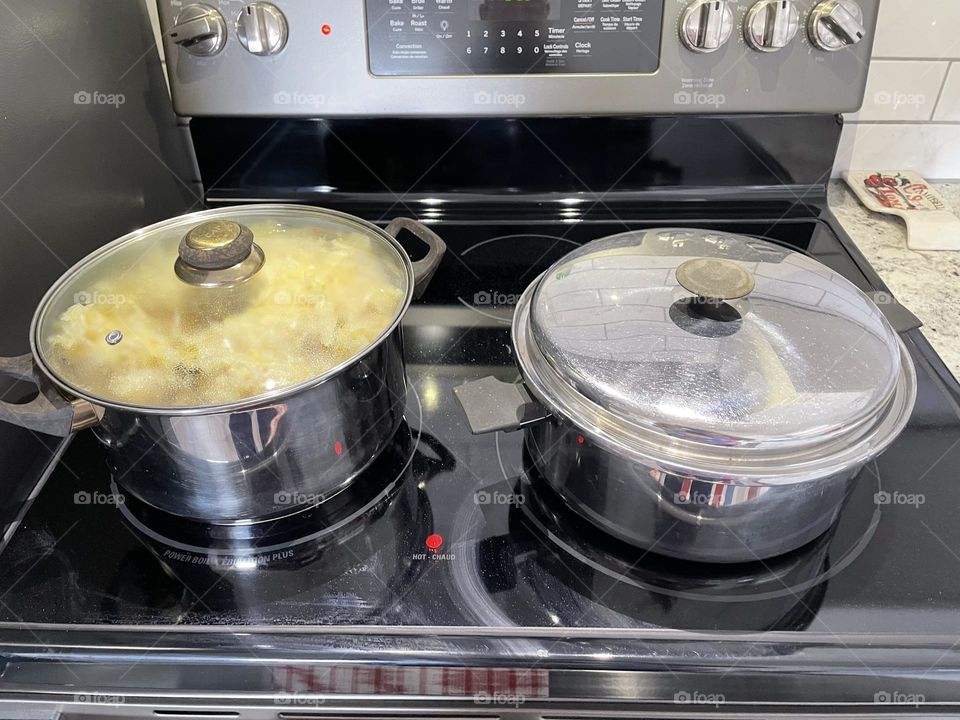 Cooking sour cabbage, cabbage rolls in 2 big pots on the stove at my moms, for easter supper