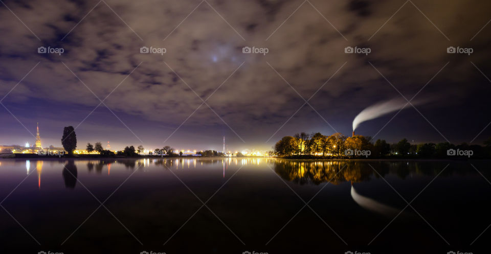 Panorama of Riga on a cold winter night.