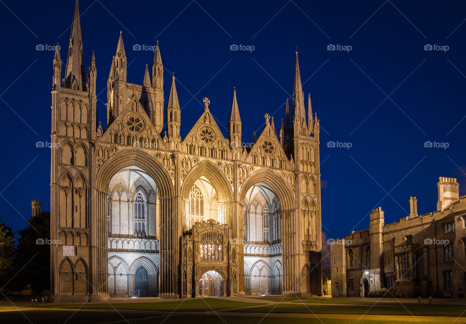 The historic Peterborough Cathedral at night