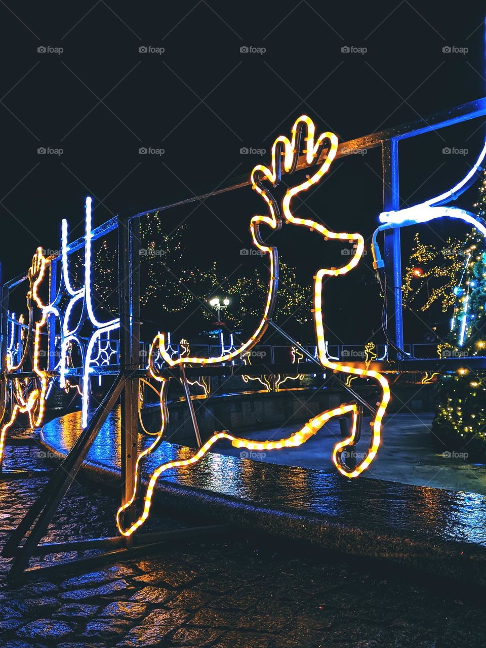 Christmas and New Year decorations, garlands, lights in night city. Eve celebration.  Deer horns. Ukraine