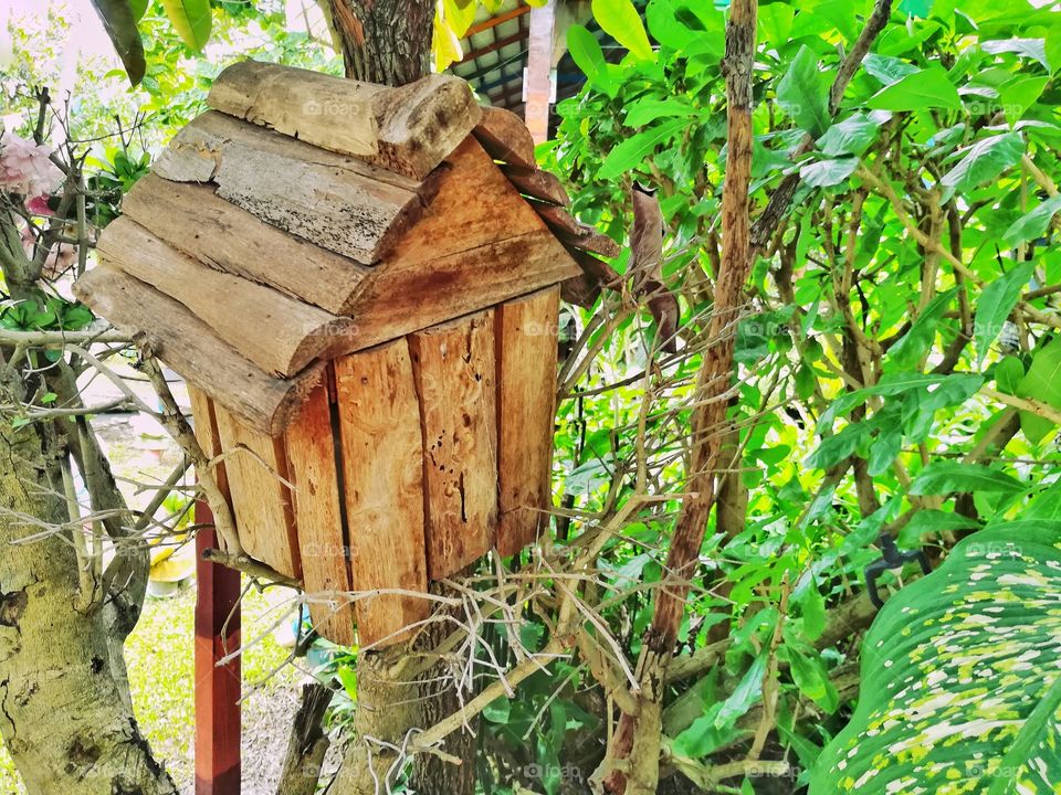 Wooden bird house in the natural garden.
