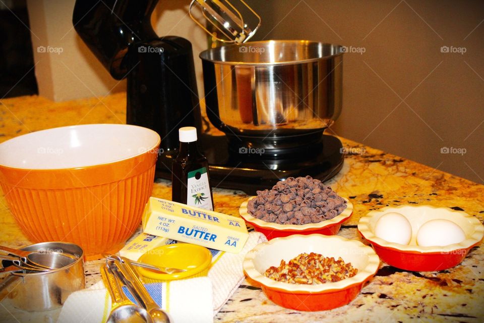 All the ingredients needed for chocolate chip cookies 