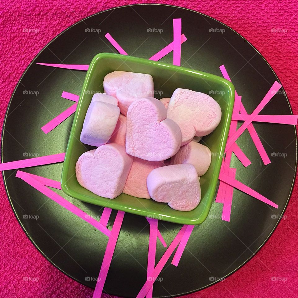 Pink heart marshmallows and confetti