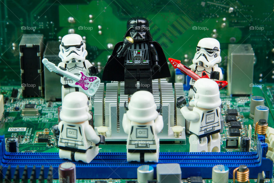 Lego star wars singing concert on computer motherboard.