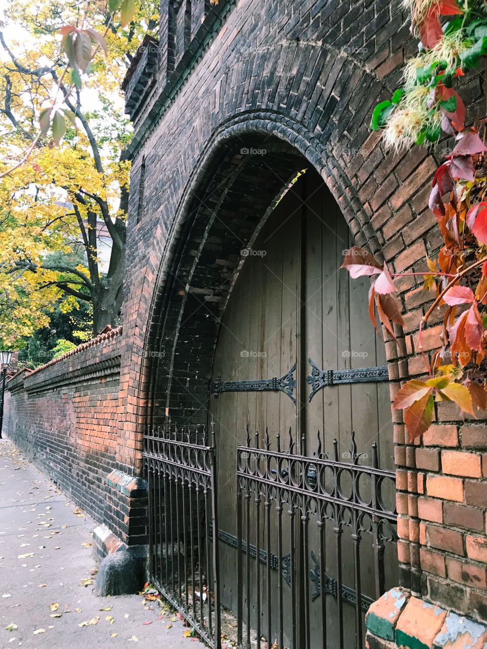 the wooden gate ,outside 2 more iron doors ,surrounded by a red and black brick wall dotted with time. Autumn with red and yellow leaves, it’s so beautiful