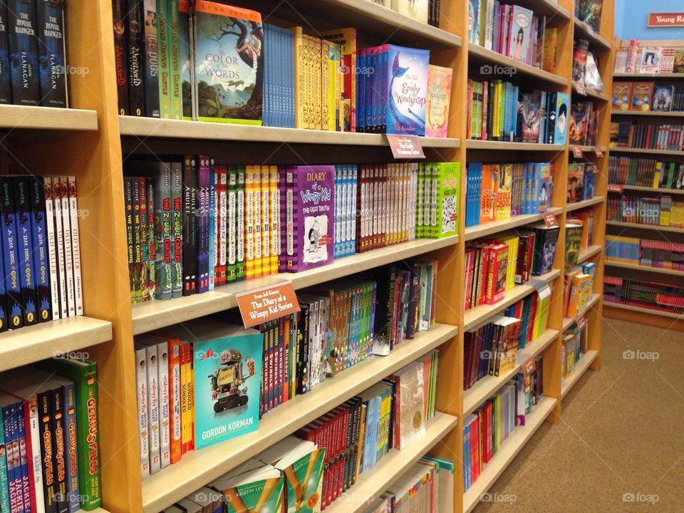 Bookstore shelves. The children's section of a local bookstore. 