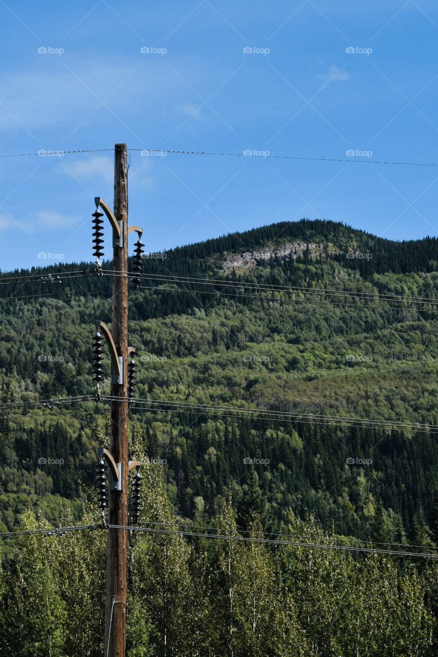 Telephone pole and mountains vertical shot