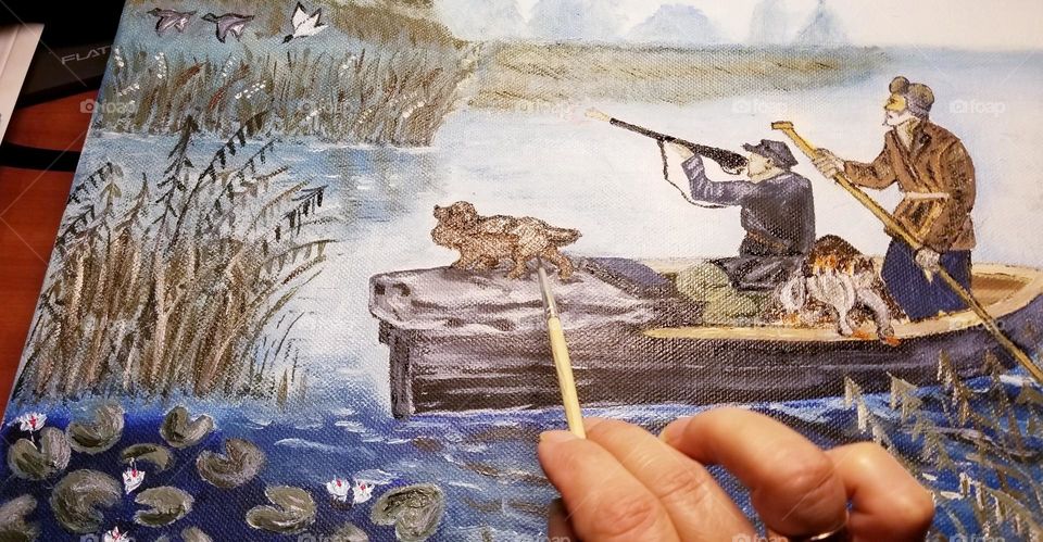 A creative hobby in your free time allows you to relax and paint a small oil painting on canvas "duck hunting"