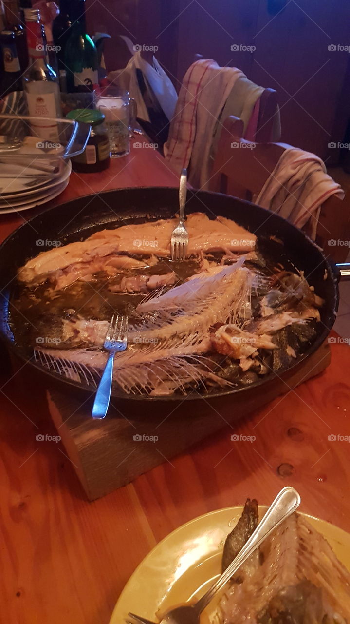 Trout meal in a big pan