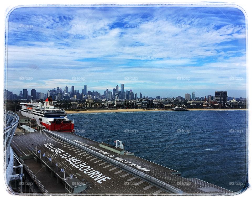 Melbourne, Australia skyline seen from the Port of Melbourne in postcard style