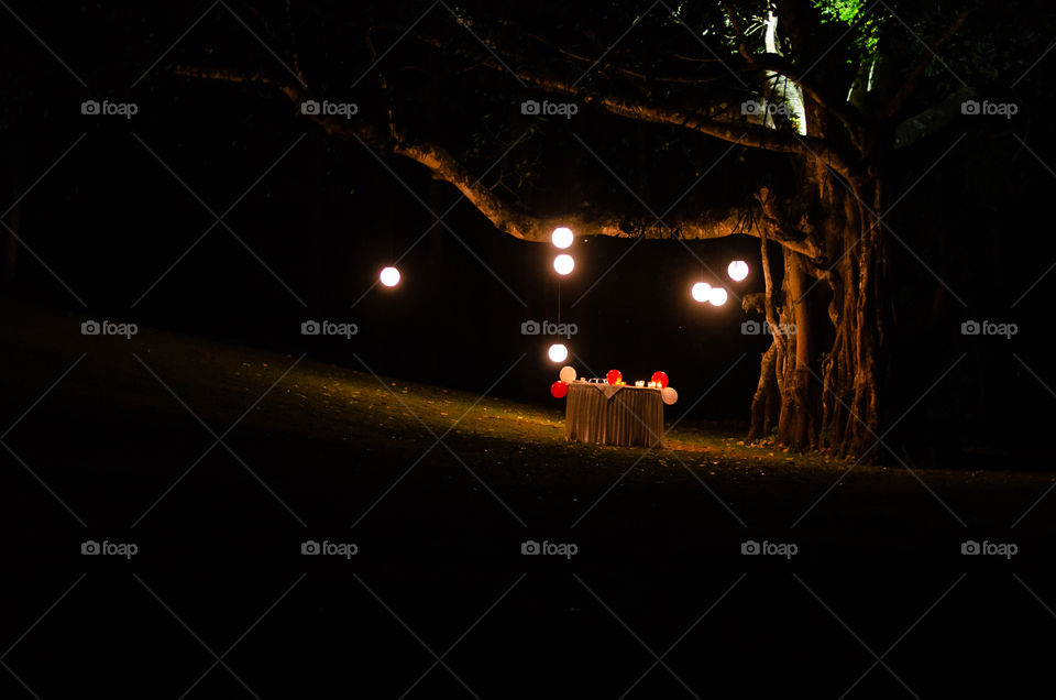 A decorative table with balloons and spot lights under a tree.
