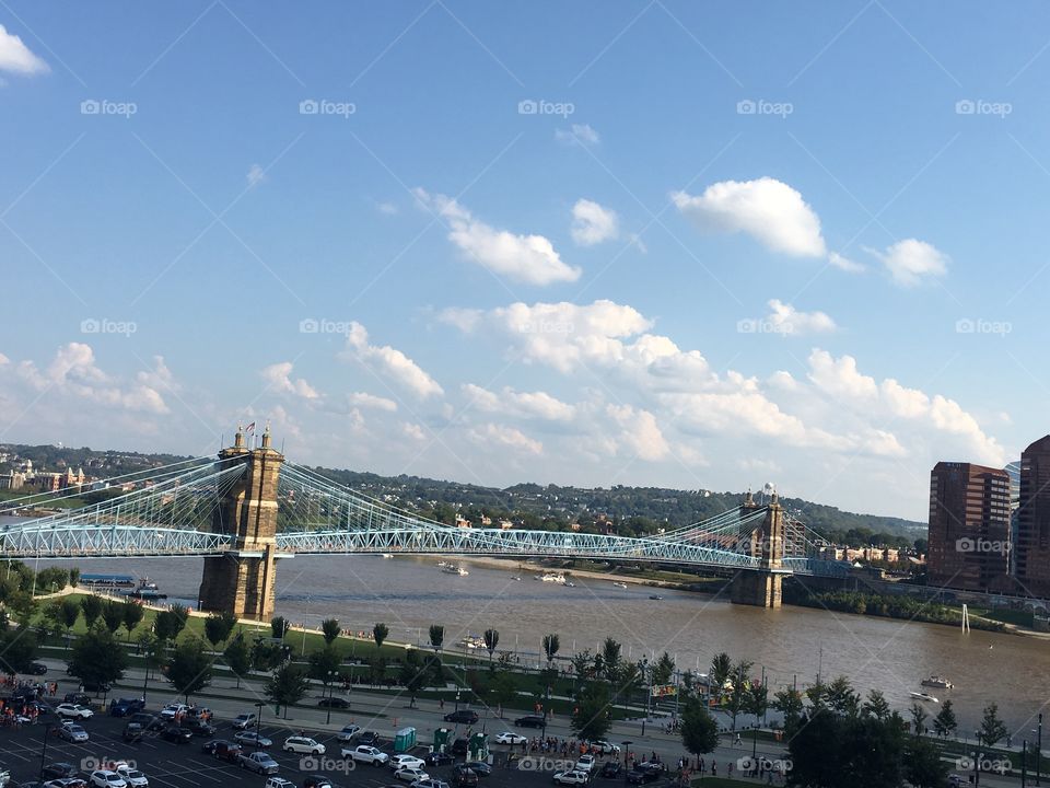John A Roebling suspension bridge over the Ohio river connecting Cincinnati, Ohio with Covington, Kentucky.