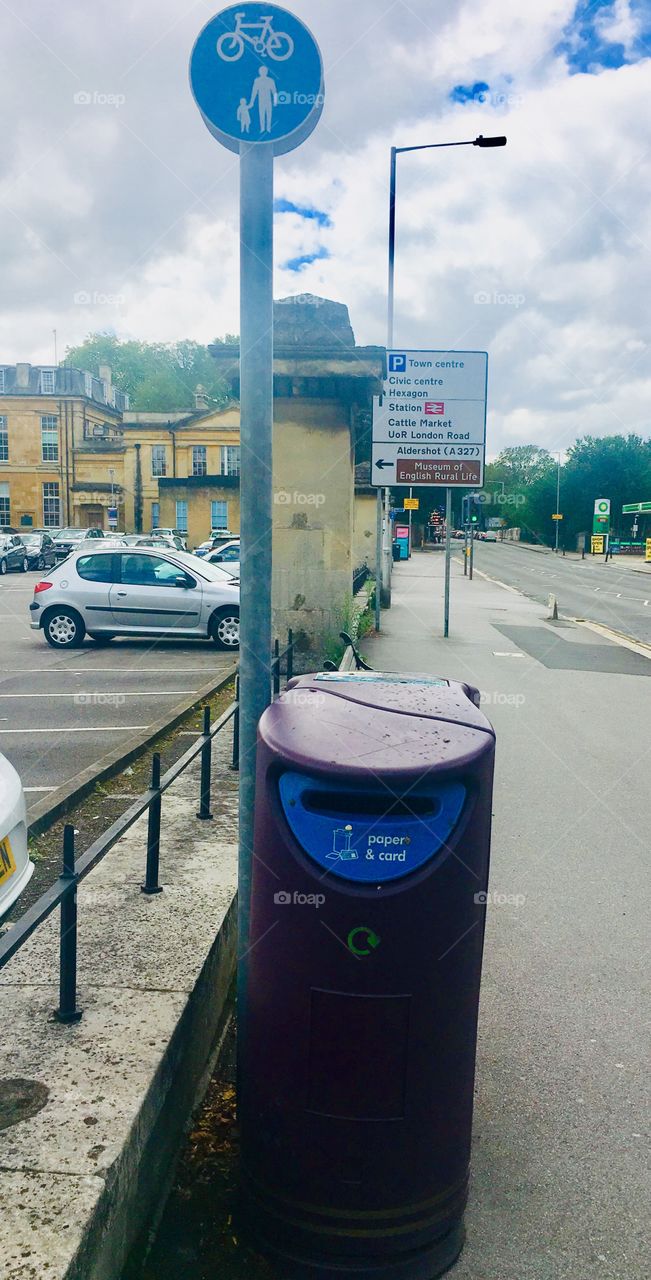 Purple waste bin on street, United Kingdom 
