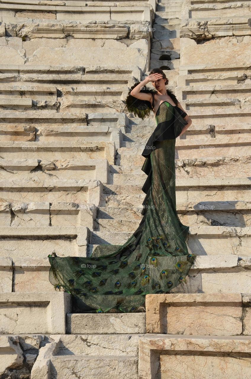 From the ground up. Model poses at the Ancient Theater, Plovdiv, Bulgaria