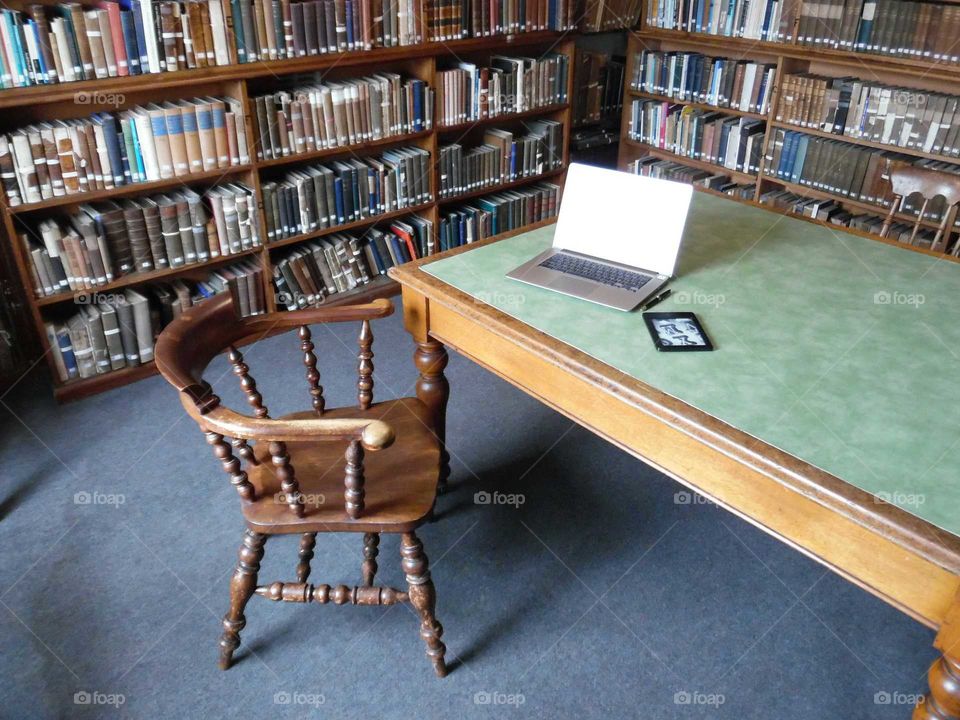 morrab library Penzance Cornwall. desk Chromebook and Kindle