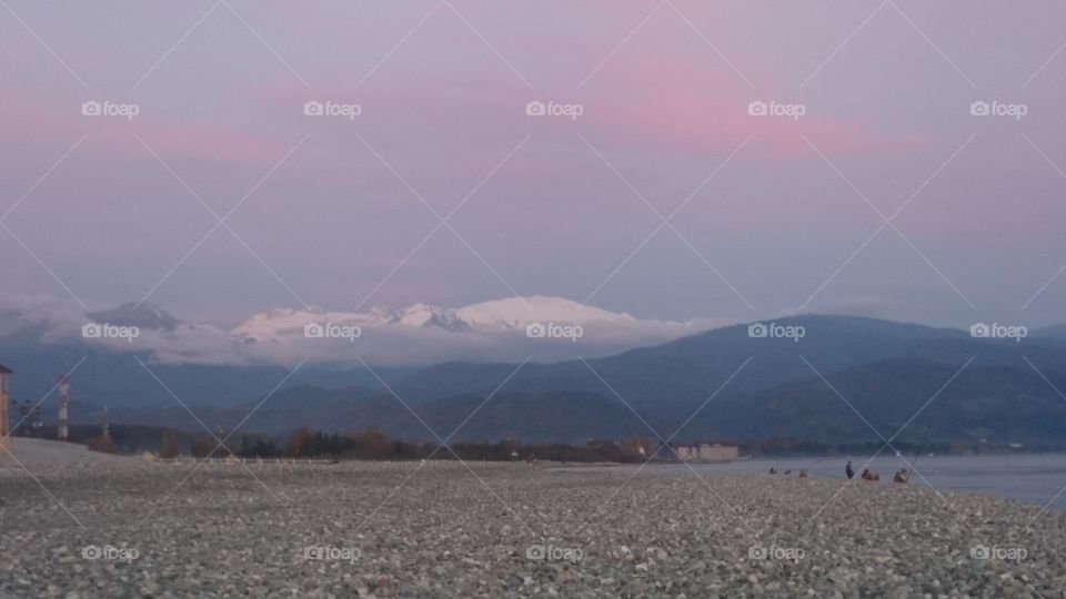 sunset, beach, mountains