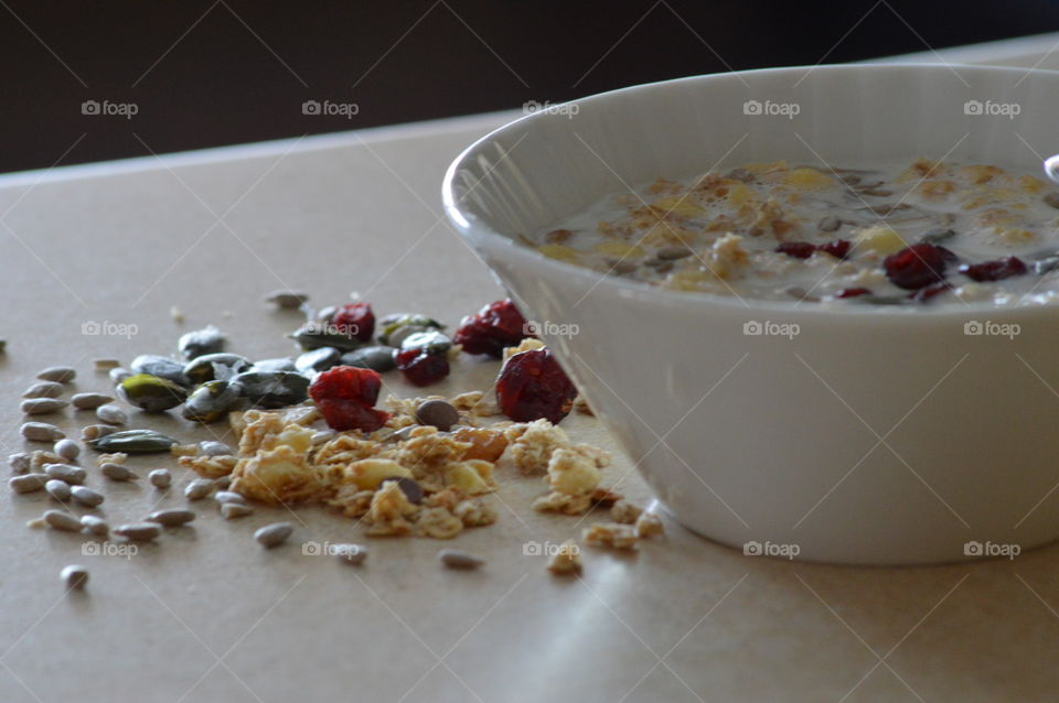 Healthy breakfast -muesli with dried fruit and seeds