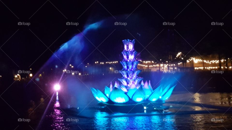 Blue light resonates against the night sky on Discovery River during Rivers of Light at Animal Kingdom at the Walt Disney World Resort in Orlando, Florida.