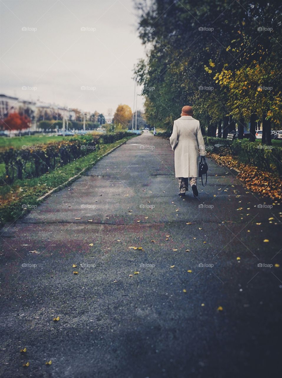 The elegant elderly lady walking alone in the autumn alley.
