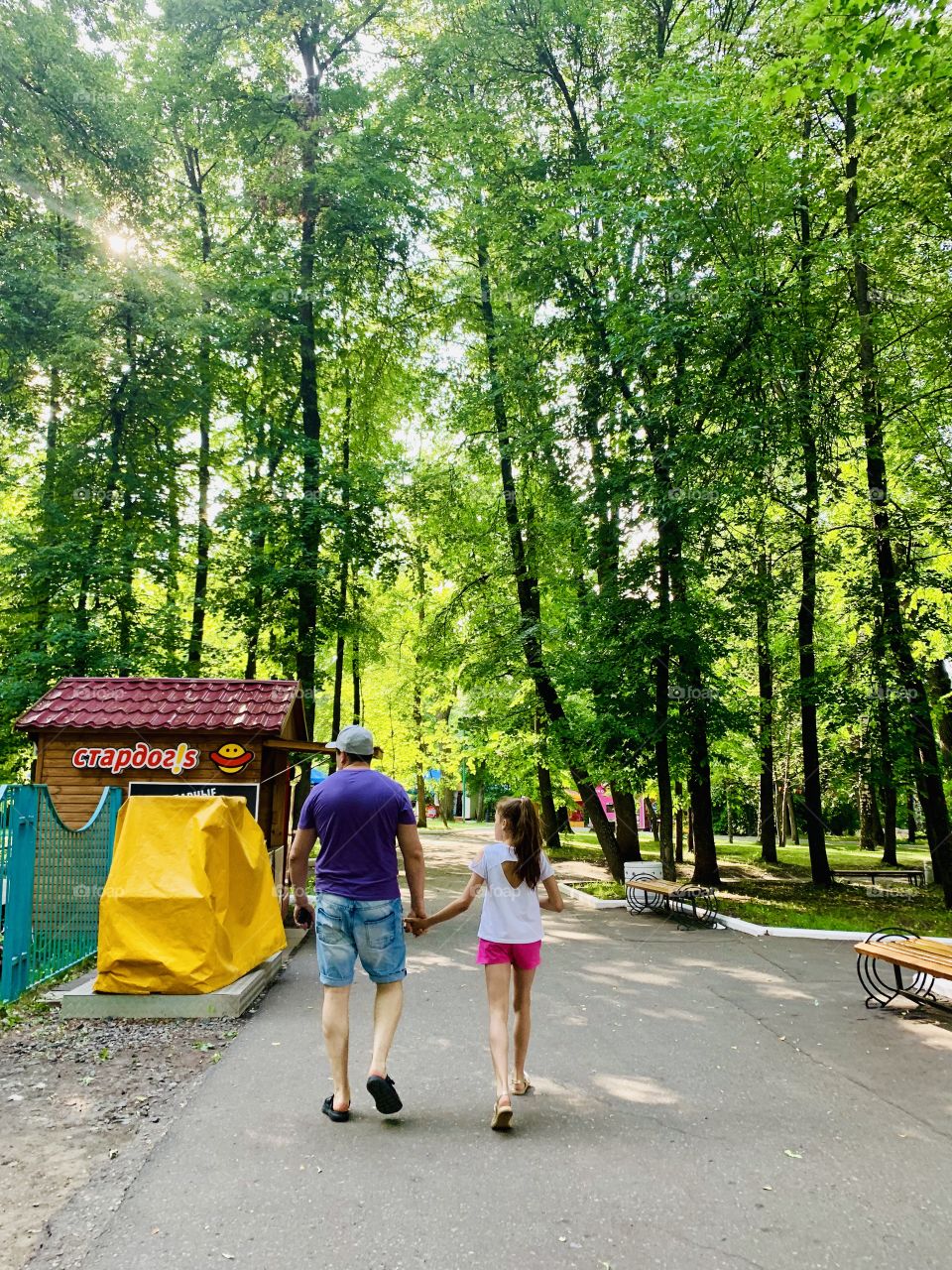 dad and daughter on a summer walk in the park go on the road and hold hands