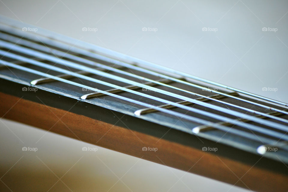 Macro shot, acoustic guitar, string, fret, closeup, fret board, steel, nylon,