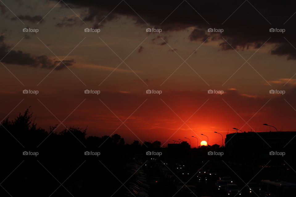 red sunset over the city