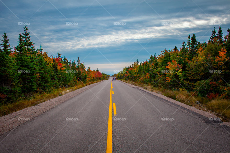 Autumnal road. Taken on the Cabot trail in cape breton, Nova Scotia, Canada. Red SUV shown.