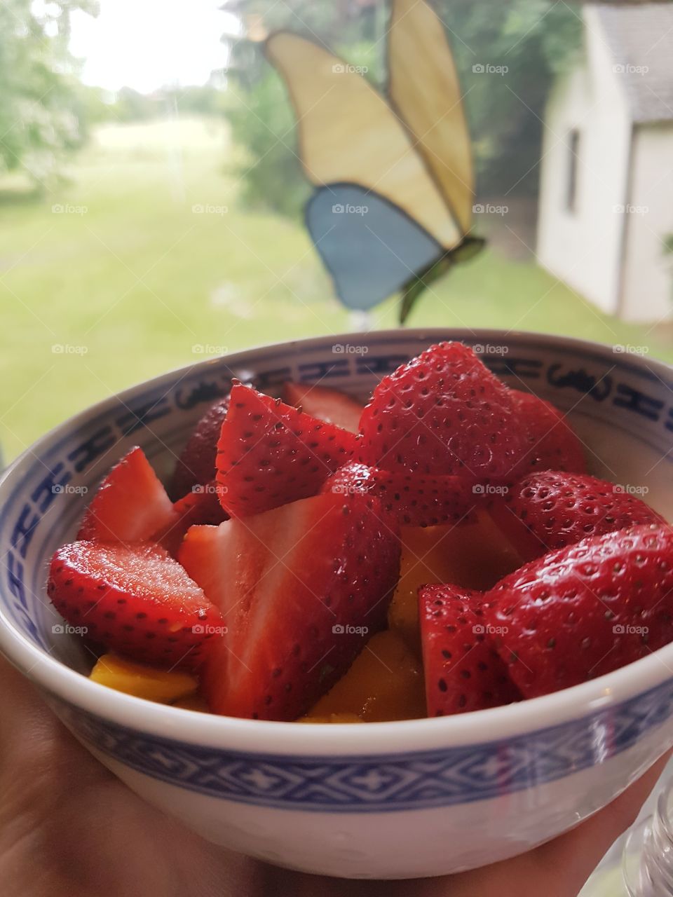 Breakfast with a view. Strawberries and Mango in a bowl.
