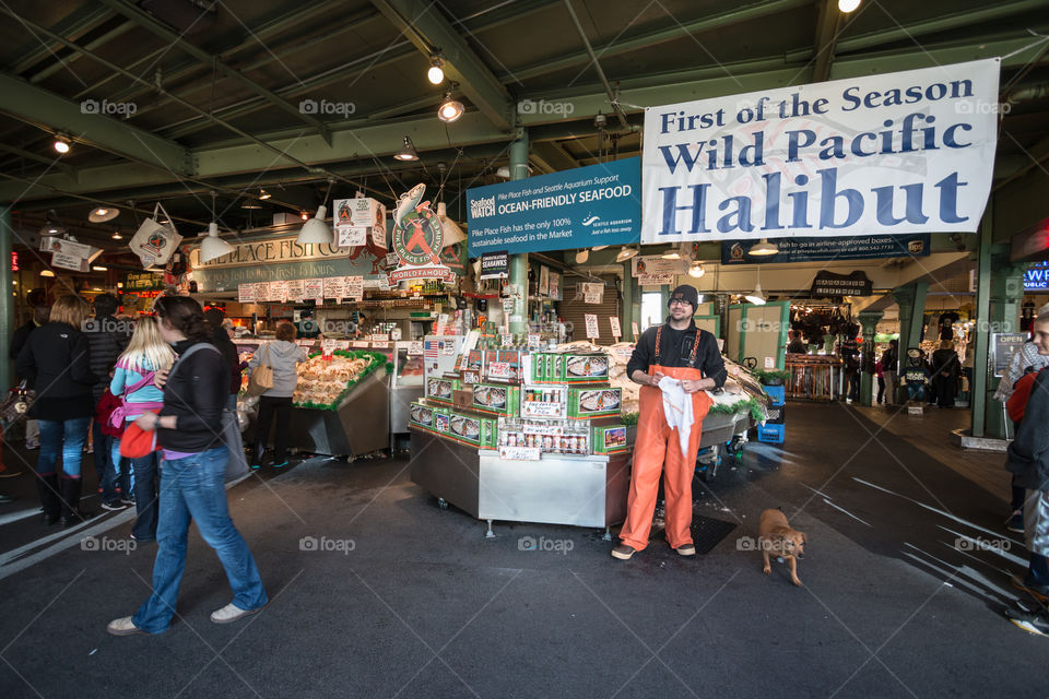 Fish shop at Pike Place market in Seattle Washington USA 