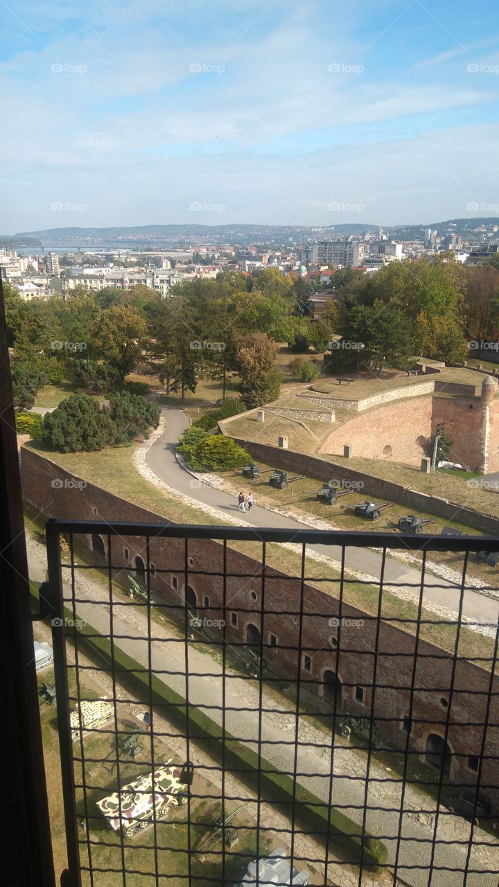 View from Saxat tower (castle Kalemegdan). The construction Saxat clock-tower began in 1740 the Austro-Hungarian administration led by the Andrea Kornara.After conquest Turkey se me builder continued