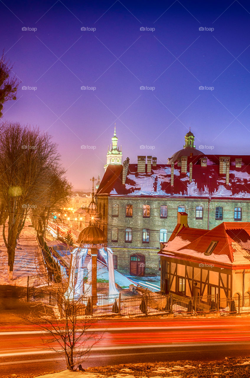 Lviv cityscape during the sunset