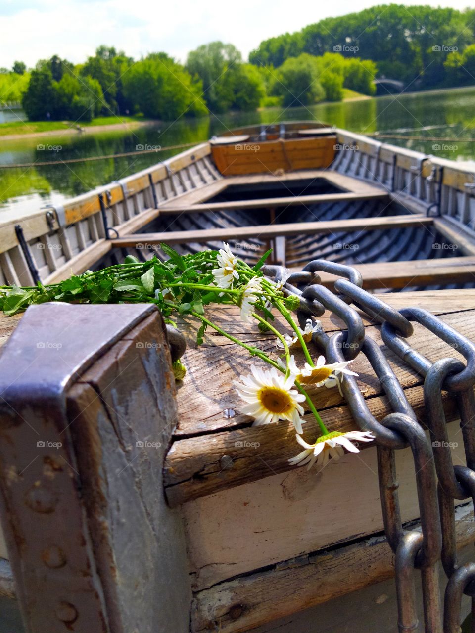 A bouquet of daisies on the bow of an old wooden boat, which has been lowered into the water.