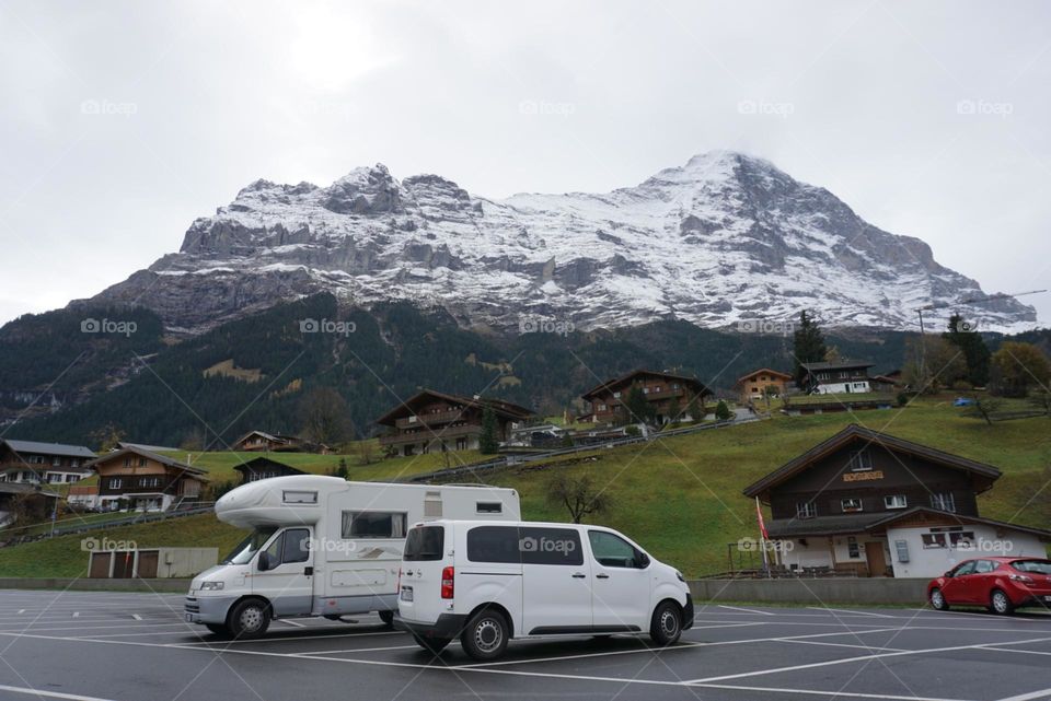 Camping#cars#mountains#snow