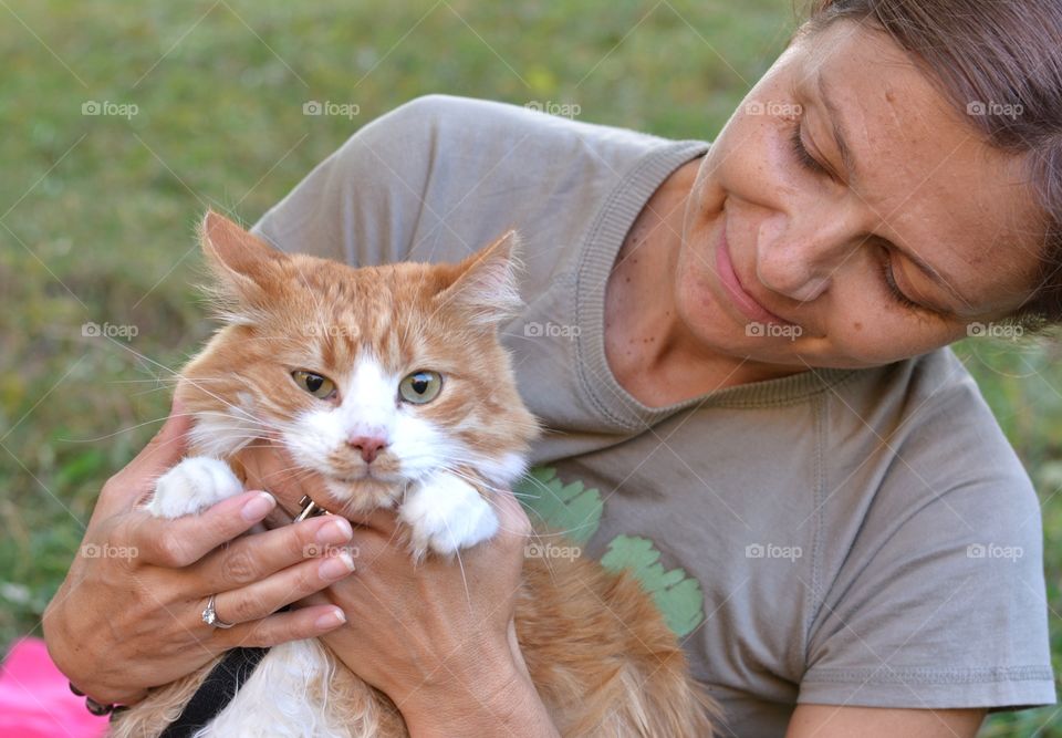 woman and cat pet happy