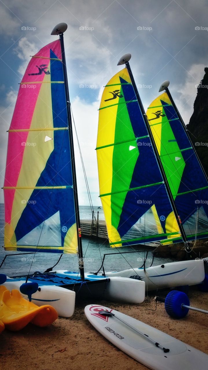 Sails all lined up in a row between the pitons..St Lucia