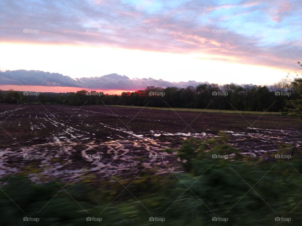 sunset reflection in puddles