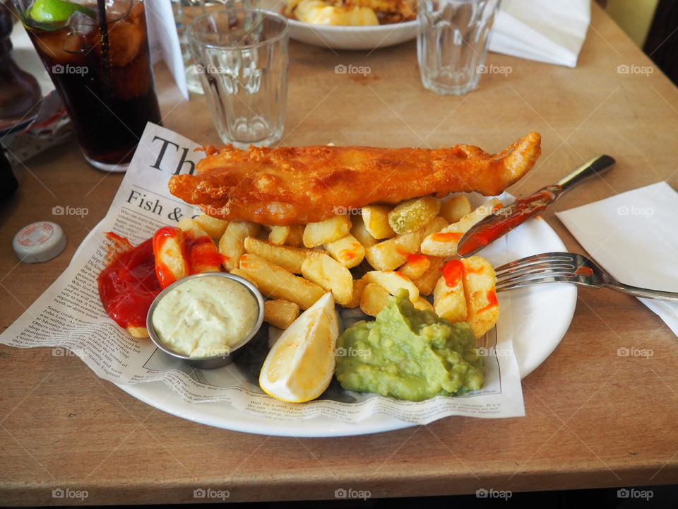 Classic fish and chips in a London pub.