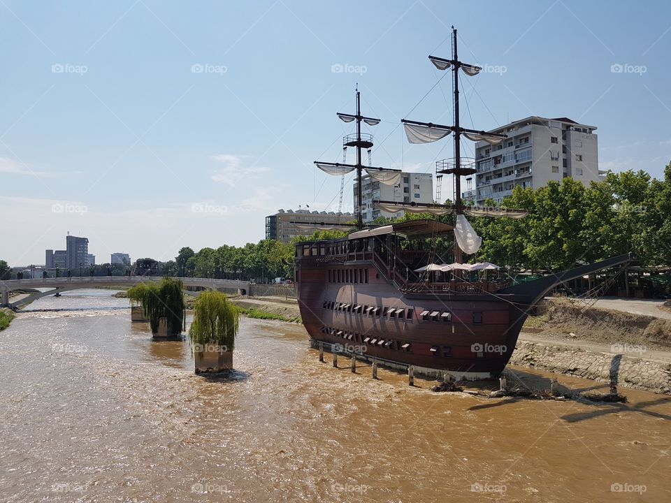 ship restaurant on the river in city of Skopje Macedonia