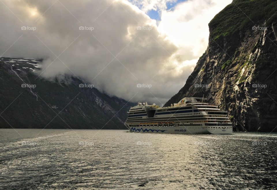 Ship in Geiranger fjord Norway