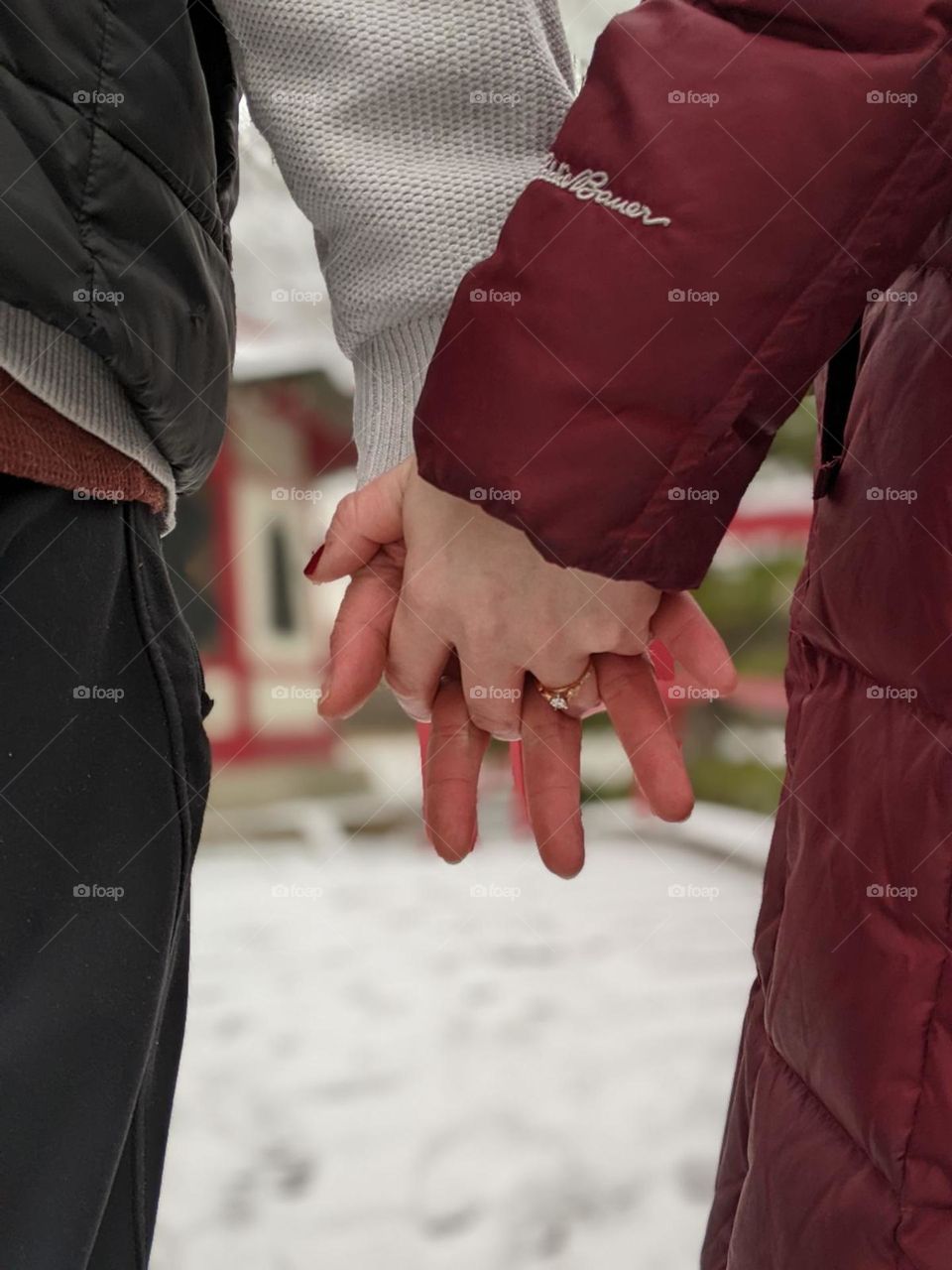 couple holding hands in the snow at a zen garden, newly engaged couple, ring finger, snowy moment, couple in the snow, cold weather couple, holding hands together